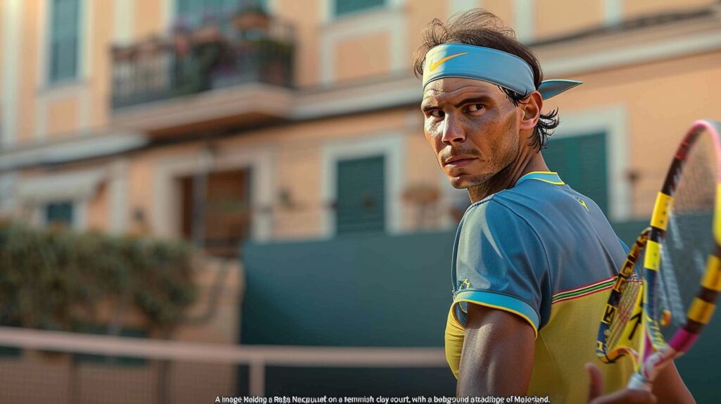 Rafa Nadal con raqueta de tenis en cancha de arcilla española, fondo de la isla de Mallorca