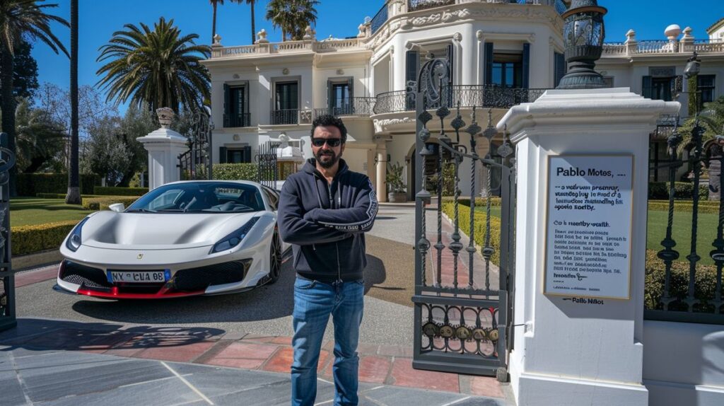 Pablo Motos, presentador de televisión, frente a mansión lujosa con coche deportivo de alta gama