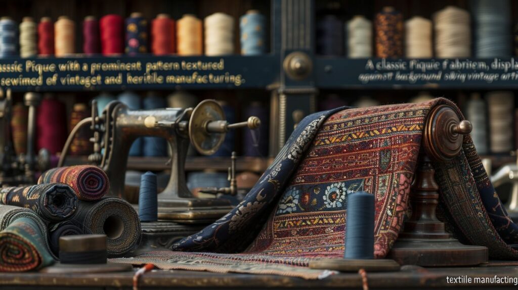 Tela Piqué clásica con patrón texturizado sobre fondo de equipo de costura vintage y artefactos de manufactura textil