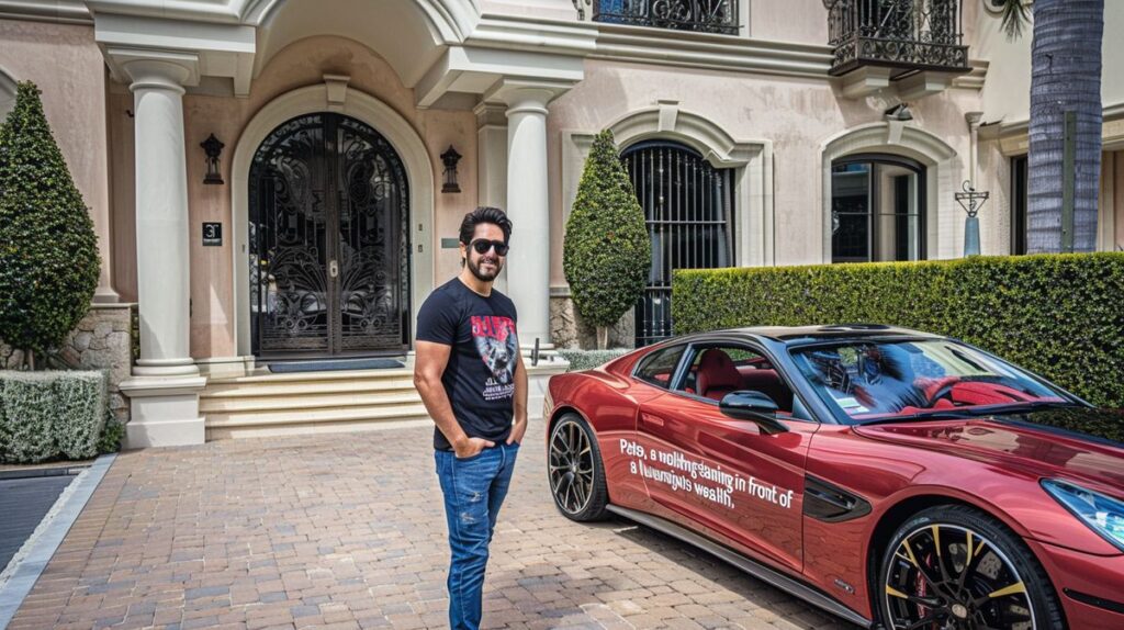 Pablo Motos, presentador de televisión, frente a mansión lujosa con coche deportivo de alta gama