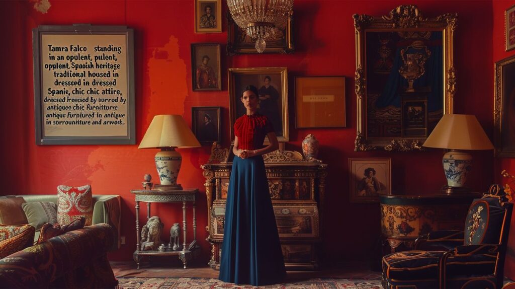 Tamara Falcó posando en una casa de patrimonio español tradicional, vestida con ropa chic clásica, rodeada de muebles antiguos y obras de arte.