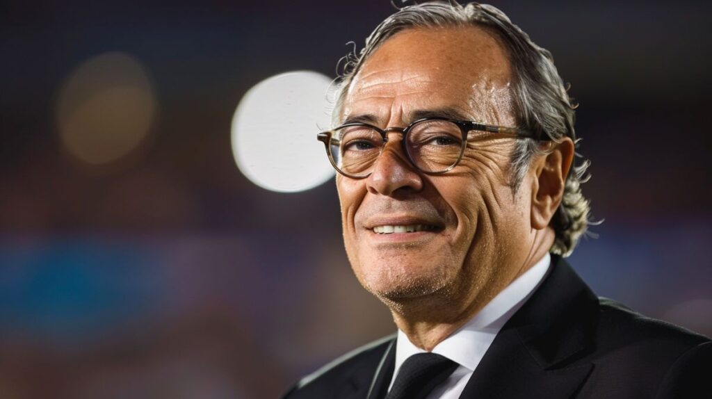 Florentino Pérez sonriendo con texto sobre su patrimonio neto actualizado