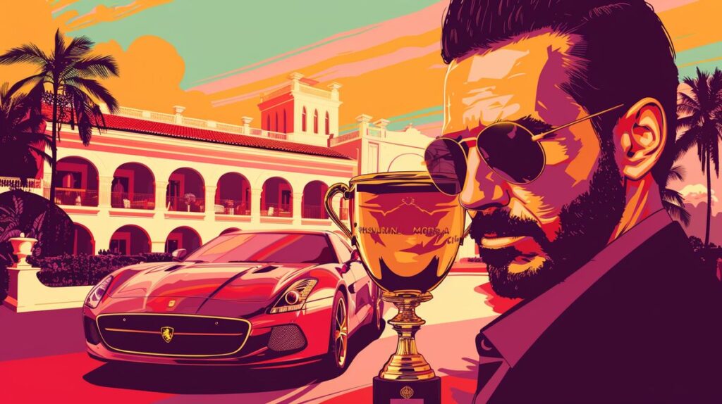 Retrato minimalista de Rafa Mora con trofeo dorado, coche de lujo y mansión elegante en el fondo