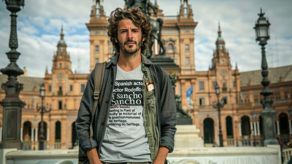 Rodolfo Sancho, actor español, posa orgulloso frente a un monumento histórico de España, simbolizando su herencia