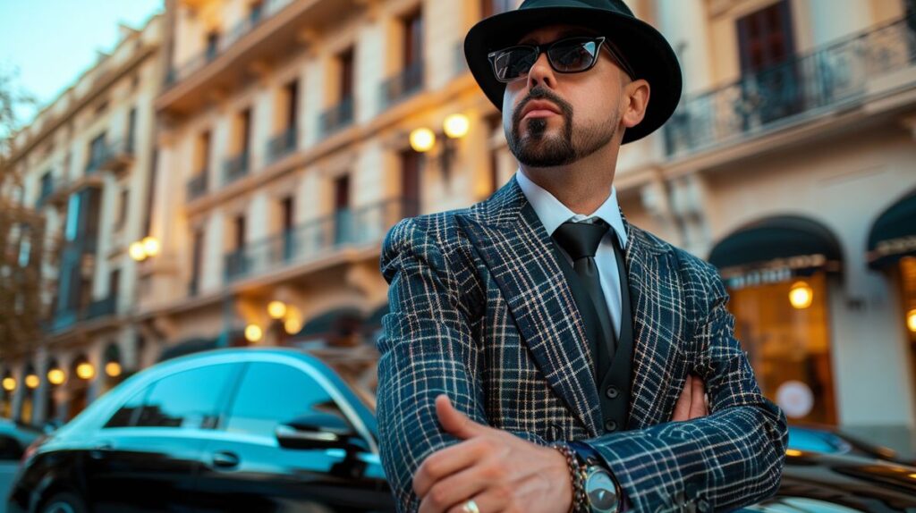 Omar Montes patrimonio, posando con ropa de lujo frente a un edificio exclusivo, simbolizando riqueza y éxito