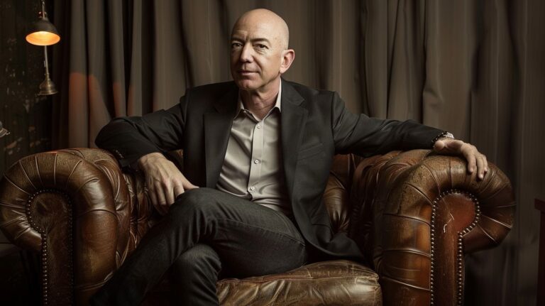 Jeff Bezos sentado en una oficina, gráfico de Jeff Bezos patrimonio y crecimiento financiero en el fondo